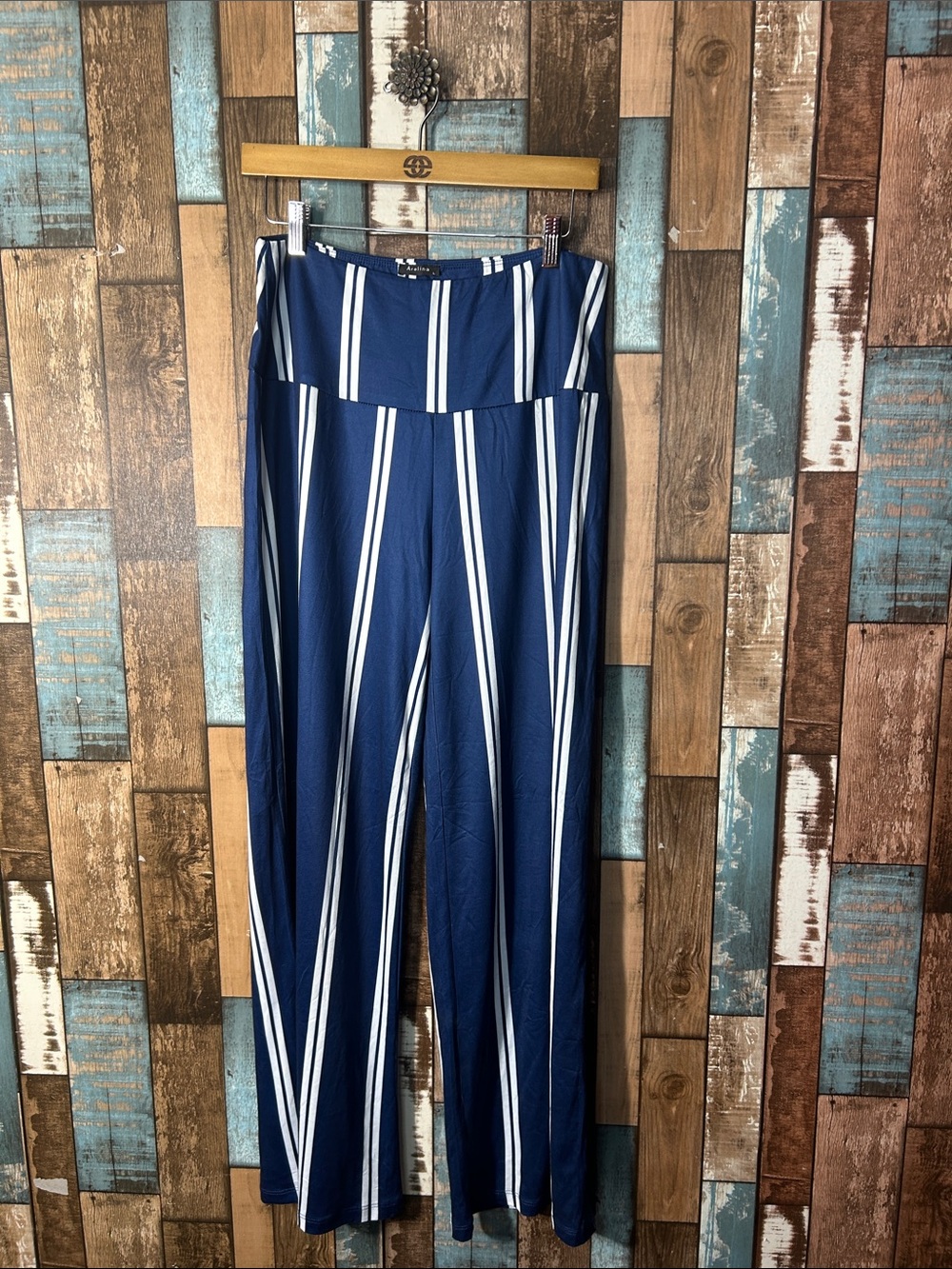 Wide-Leg Navy and White Vertical Stripe Palazzo Pants